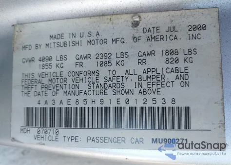 2001 Mitsubishi Eclipse Spyder Gt из США, поврежденный, VIN 4A3AE85H91E012538